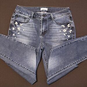 Kensie Blue Jeans Size 6/28 Skinny Ankle Faux Pearl & Rhinestone Design